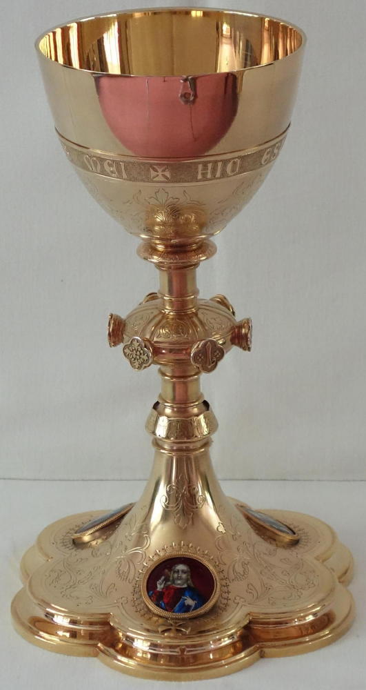 Ref 6266. Antique French Gothic Chalice & Paten with Enamels.